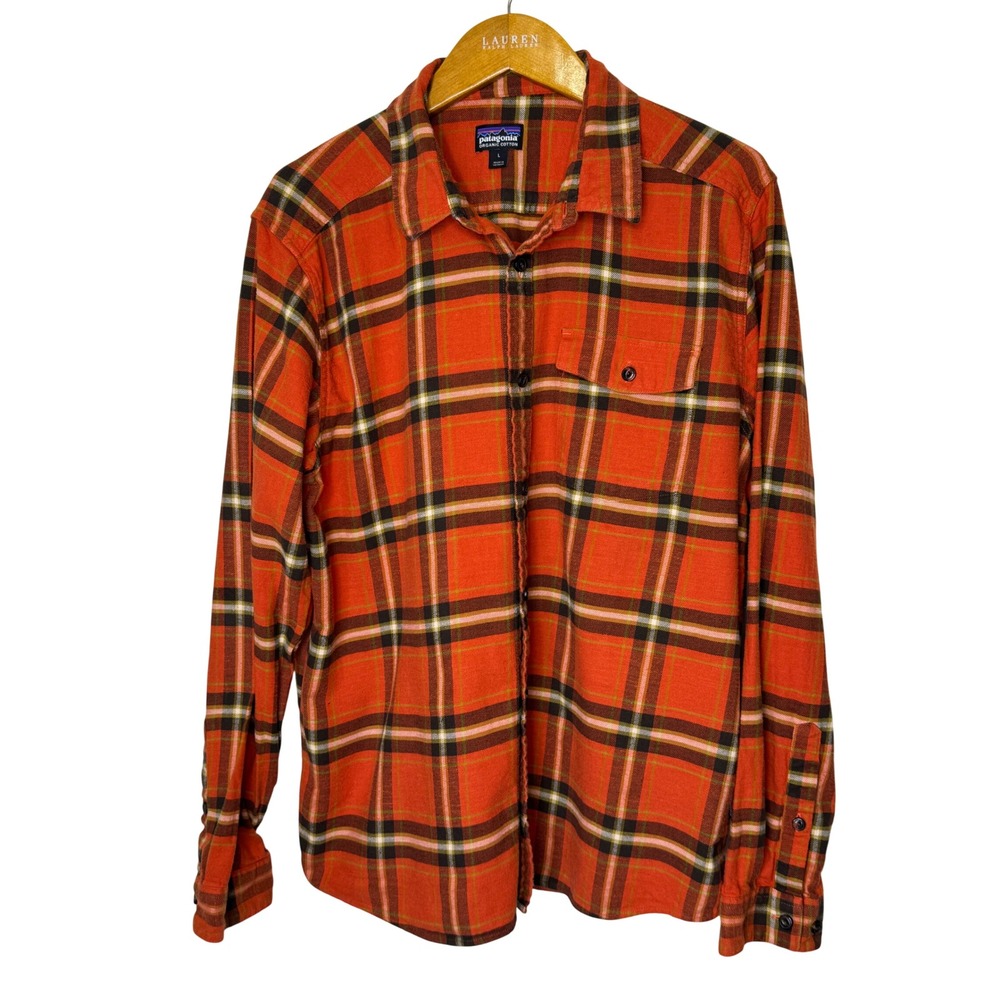 Patagonia Lightweight Fjord Flannel Shirt Mens Large Hot Ember Orange